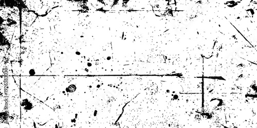 High contrast black and white grunge texture overlay with distressed scratches splatters and dirt dust particles abstract vector background
