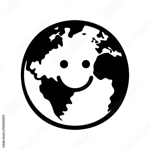 Monochrome image of a happy Earth, showing continents and a smiling face