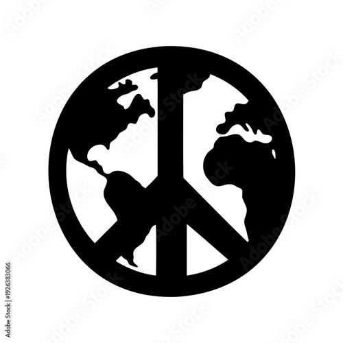 Black and white silhouette peace sign with globe map design element