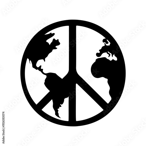 Black and white peace sign incorporating a stylized image of the earth