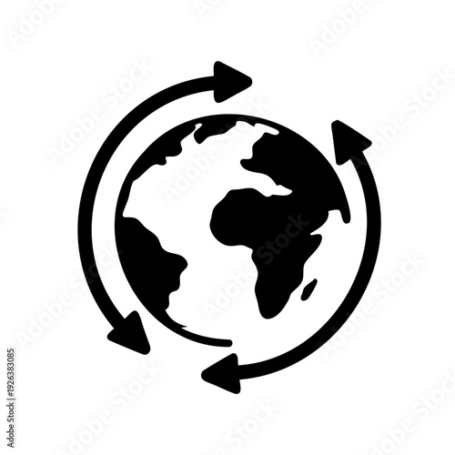 Black and white world globe with three rotating arrows illustration