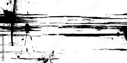 Black and White Grunge Horizontal Brush Strokes and Ink Splatters Vector Background Distressed Texture