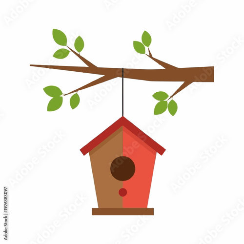 Simple wooden birdhouse with a red roof hangs suspended from a tree branch with sparse green leaves overhead.
