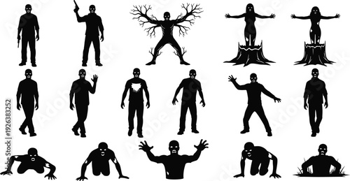 Black and white silhouette set of various walking and crawling zombies for spooky Halloween horror and undead monster character icons,