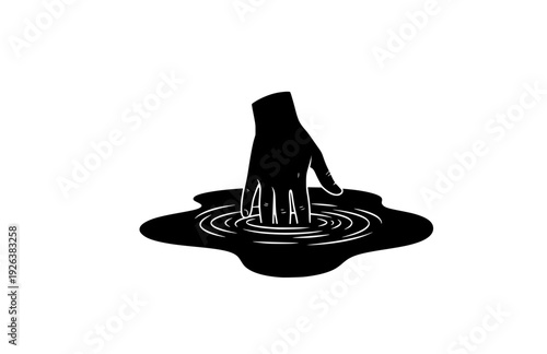 Hand Pressing into Liquid Puddle Sensory Sticker Silhouette. Tactile ASMR and All the Feels Mindful Stress Relief Concept Vector.