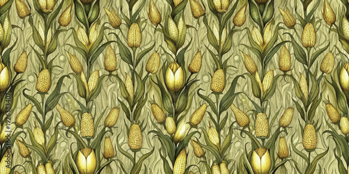 A close-up view of a field filled with ripening corn kernels in their husks. Vector