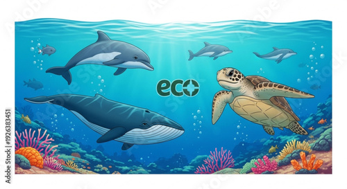 Vibrant ocean scene with dolphins, whale, and sea turtle swimming together
