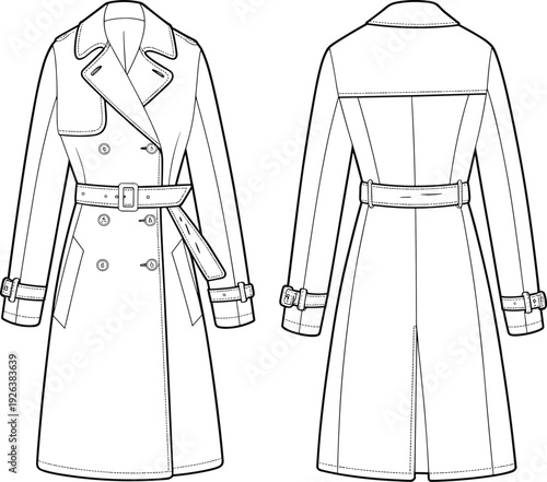 Flat vector fashion CAD drawing of double-breasted long trench coat with belt, wide collar, cuff straps, and back vent