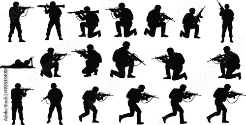 Soldier silhouette set, military army infantry, tactical combat poses, armed troops with rifles and launchers, war battle silhouettes, flavector, isolated background.