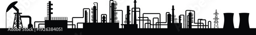 Industrial factory skyline silhouette with oil refinery, chemical plant pipes, power station, energy manufacturing facility, and engineering industry landscape icons.