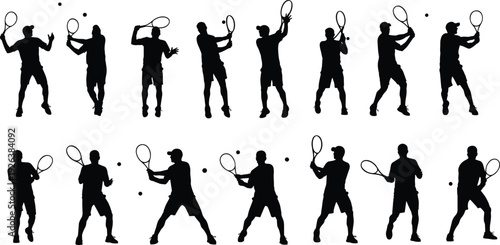 Tennis player silhouette set, professional athlete poses, male sports collection, action shots with rackets and balls, flavector, isolated on white.