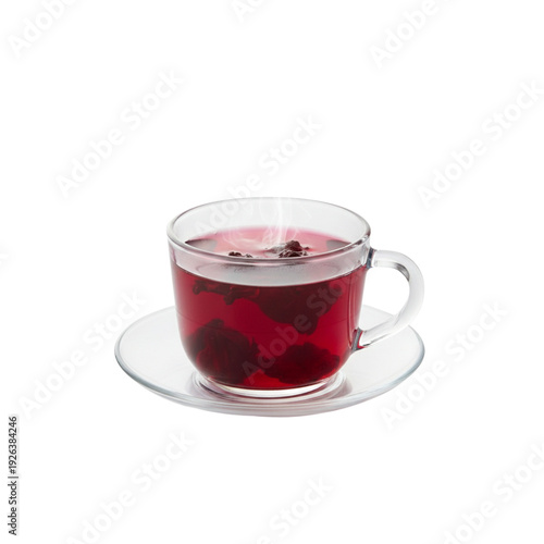 A steaming glass mug of hot herbal tea with a red roselle, creating an aromatic healthy beverage isolated for breakfast
