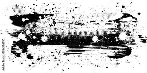 Black Grunge Paint Brush Stroke Vector Banner with Ink Splatters and Halftone Texture