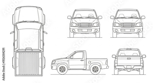 Pickup Truck Technical Drawing Views.