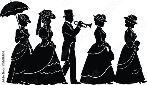  Victorian era people silhouette set, vintage group of elegant women in gowns and man playing trumpet, historical fashion, flavector, isolated.