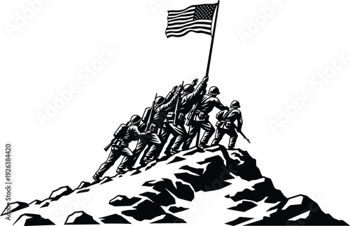 United States Marines raising American flag on Iwo Jima silhouette, military hero monument, patriotic war victory, flavector, isolated on white background.