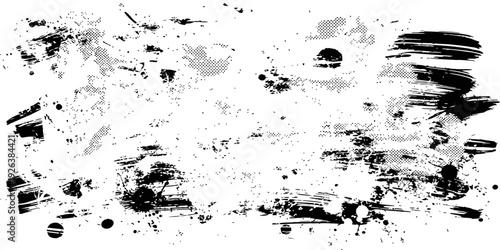 Abstract Black and White Grunge Background with Ink Splatters Halftone and Brush Strokes