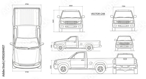 Pickup Truck Technical Drawing Views.