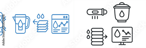 Illustration depicting the steps of a water filtration process, featuring a smartphone alert, a pitcher, filter layers, and a data analysis chart. This design emphasizes purity and technology.