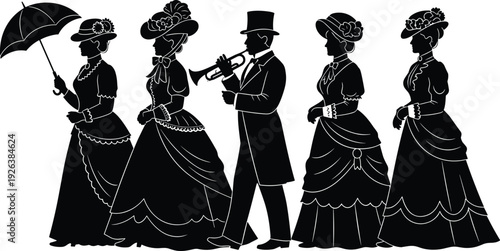 Victorian era people silhouette, vintage group of women in elegant gowns and man playing trumpet, historical fashion, flavector, isolated background.