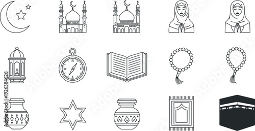 Black and white illustrations of various islamic symbols isolated on transparent background