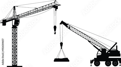 Mobile crane and tower crane lifting heavy concrete block construction site machinery industrial heavy equipment engineering building project development silhouette