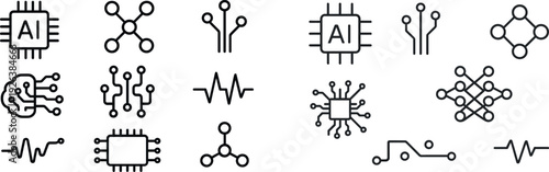 A grid display features nine line icons representing themes of artificial intelligence and technology.