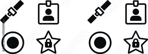 A collection of four icons illustrating a seatbelt, identification card, circular target, and star with a lock, emphasizing themes of safety and security in a modern style.