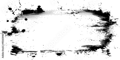 Black Grunge Ink Splatter Frame with Halftone Texture Distressed Rectangular Border Brush Stroke Overlay Vector