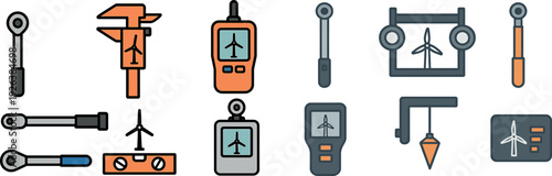 Collection of technical tools including a wrench, caliper, measuring device, and a level designed for accurate measurements in engineering. These tools are essential for precision work.