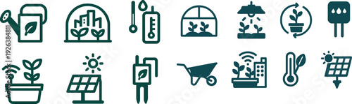 Icons display essential gardening tools and symbols for plant care, including watering can, thermometer, solar panel, and plant monitoring devices. These represent modern gardening practices.