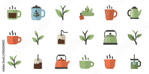 Tea icons set: 20 vector designs with cups, mugs, teapots, tea bags, leaves, kettle, infuser, wellness beverage style.