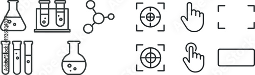 Multiple line icons illustrate different user interface interactions, including focus points, hand gestures, and selection indicators commonly used in design elements.
