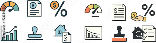 Various icons represent financial concepts including budgeting, reporting, tax calculations, property valuation, and investment trends. They illustrate essential tools for financial management.