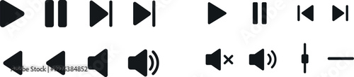 Different media control icons are arranged in a grid format, including play, pause, stop, rewind, fast forward, and volume controls. The symbols are simple and stylish, ideal for design use.