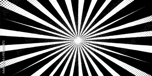 Radial burst icon: black and white vector design with alternating rays, comic pop-art style, dynamic motion effect.