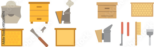 Various beekeeping tools are displayed, including a bee smoker, hive boxes, and honeycombs. This equipment is essential for managing hives and harvesting honey efficiently.