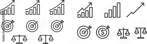 Visual representation highlights growth trends with upward graphs, target goals with arrows, and balance scales for decision-making in business settings.
