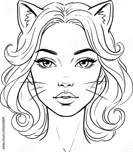 Monochromatic line art portrait of a fantasy female character with cat ears and feline whiskers for coloring book or graphic design
