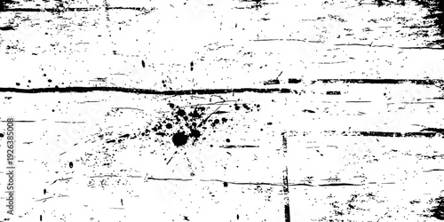 Black and white grunge wood texture overlay with ink splatter effect distressed background