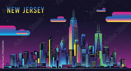 Vibrant New Jersey cityscape at night with colorful skyscrapers