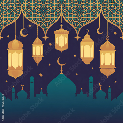 Elegant Ramadan lanterns hanging over mosque silhouette at night