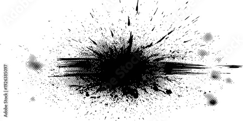 Black Grunge Paint Splatter Explosion Vector Distressed Ink Splash Texture with Halftone Dots