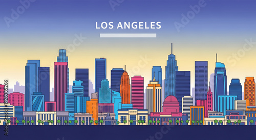 Vibrant Los Angeles cityscape with colorful skyscrapers at sunset