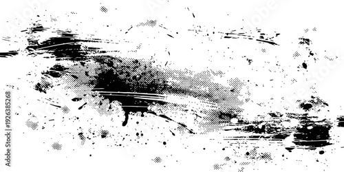 Abstract Black Grunge Ink Splash Vector with Distressed Brush Strokes and Halftone Dots Texture Background