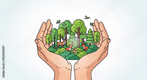 Hands cradling a vibrant forest ecosystem with animals and trees