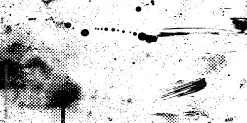 Grungy Black and White Halftone Texture Overlay Background with Ink Splatters and Brush Strokes Distressed Vector Effect