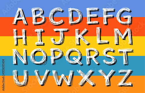 Hand drawn brush alphabet set on colorful striped background. Rough sketch uppercase letters in expressive paint style, perfect for posters, branding, prints and creative design.
