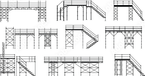 Scaffolding silhouettes collection, construction scaffold towers with stairs, platform frames, guardrails and ladders, mobile access structures