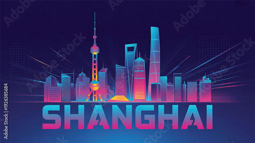 Vibrant Shanghai cityscape at night with colorful skyscrapers